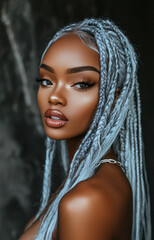 Poster - Silvery-haired beauty stands elegantly, her braided locks catching the warm sunlight. She exudes confidence and grace in this atmospheric urban setting
