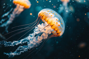 Poster - abstract blue background with jellyfish made ai generative
