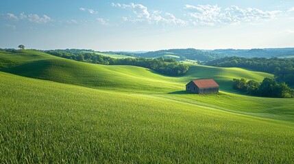 Aufkleber - Golden rays of early morning light bathe the lush green hills and quaint barn nestled among trees. A peaceful atmosphere invites tranquility and reflection in this pastoral paradise