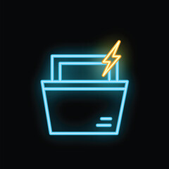 Poster - Blue and yellow neon power bank icon glowing on dark background