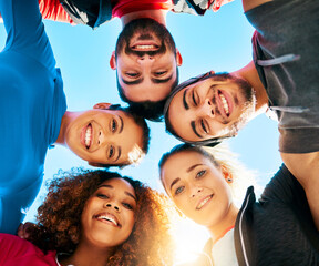 Poster - Happy people, portrait and below with huddle for fitness, teamwork or mission together under blue sky. Low angle, active group or circle with community in solidarity for unity, health and wellness