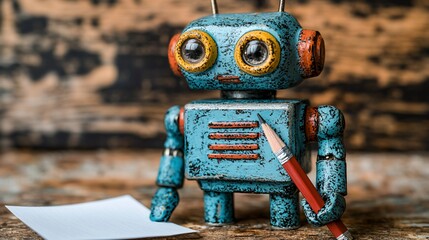Poster - Vintage robot writing on paper; wooden background; AI concept