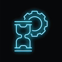 Poster - Glowing neon icon of hourglass and cogwheel representing time management concept