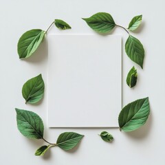 Fototapete - Fresh green leaves arranged around a blank paper sheet on a light background in a calm, creative setting. Generative AI