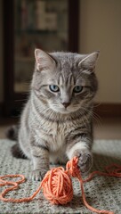  Playful cat with yarn ball isolated on white background
