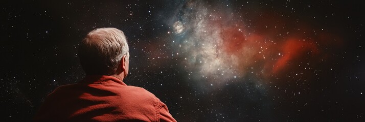 Wall Mural - a man in a red shirt looking at a star field with a bright light in the middle
