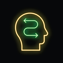 Poster - Neon sign illustrating a human head profile containing a two way curved arrow symbolizing the thought process