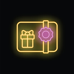 Poster - Bright neon icon of a gift card with a bow and quality seal glowing on a black background