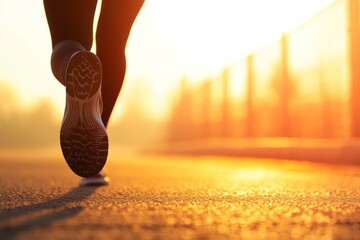 Wall Mural - Person is running on a road with the sun shining on their feet