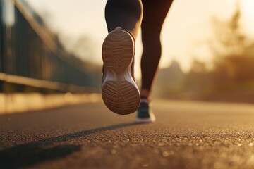 Wall Mural - Woman is running on a road with her foot in the air