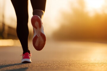 Wall Mural - Woman is running on a road with her feet in the air