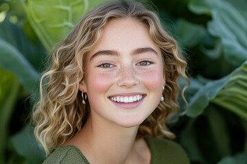 Wall Mural - Woman with blonde hair and a green shirt is smiling