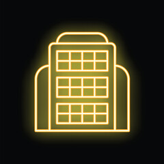 Poster - Glowing yellow neon building icon is isolated on a black background