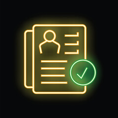 Poster - Neon icon of a cv with a green check mark, symbolizing a successful job application