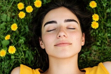 Wall Mural - Woman is laying on the grass with her eyes closed