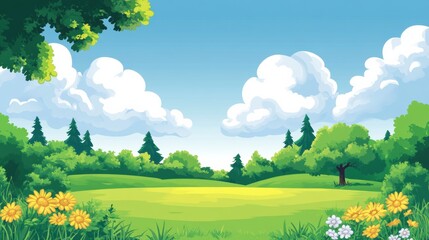 Poster - Bright green meadow with blooming flowers and playful clouds under a sunny sky. Generative AI