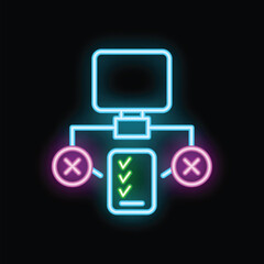 Poster - Neon icon representing data distribution, featuring a computer as the source and devices receiving data with check or cross marks, symbolizing successful and unsuccessful transfers