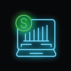 Poster - Neon style icon depicting a laptop displaying a growing bar chart, with a dollar symbol above, representing successful financial investment