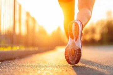 Wall Mural - Person is running on a road with the sun shining on their foot