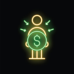 Poster - Neon sign representing the concept of receiving money with a person and a dollar symbol on a black background