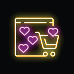 Poster - Neon icon of a shopping cart next to a web browser window with hearts, representing the concept of an online wishlist