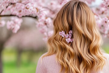 Wall Mural - Woman with long blonde hair is wearing a pink sweater