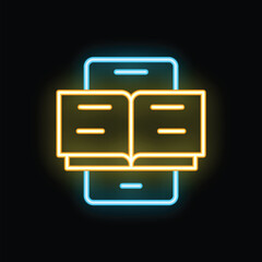 Poster - This neon icon of an open book over a smartphone screen represents the concept of online education