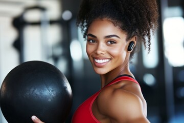 Poster - Woman is holding a black ball and smiling