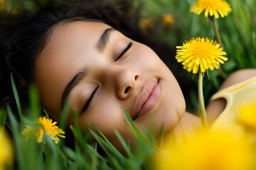 Wall Mural - Woman is laying in the grass with her eyes closed