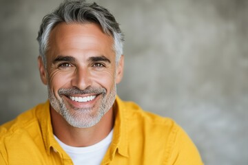 Wall Mural - Man with a big smile on his face is wearing a yellow shirt