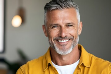 Wall Mural - Man with a full beard and gray hair is smiling and wearing a yellow shirt