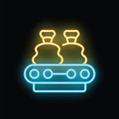 Poster - Neon sign depicting two bags moving on a conveyor belt, likely in a factory or industrial setting
