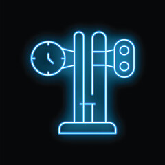 Poster - Glowing neon line train railway station clock information icon isolated on black background vector illustration