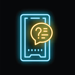 Poster - Neon smartphone showing question mark inside speech bubble on black background
