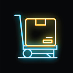 Poster - Glowing neon hand truck carrying package on black background representing delivery, shipping and logistics