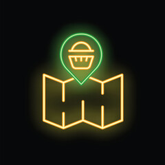 Poster - Bright, glowing neon sign showing a map with a location pin marking a grocery store, restaurant, or food delivery service