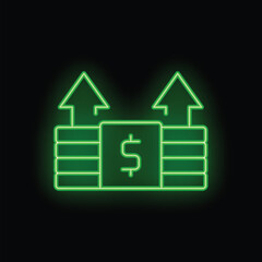 Poster - Green neon icon of increasing stacks of money with up arrows on a black background