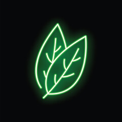 Poster - Green neon leaves sign on black background representing nature and ecology