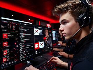 Poster - Intense young man in headset monitors computer screens displaying code and email notifications in a dark, redlit cyber security operations center.