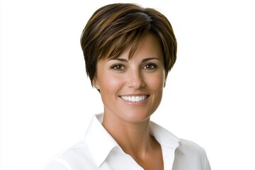 Wall Mural - Woman with short brown hair and a white shirt is smiling