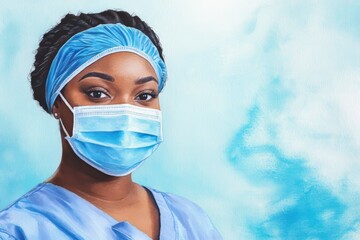 Canvas Print - Woman wearing a blue surgical mask