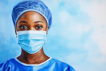 Wall Mural - Woman in a blue scrubs is wearing a blue surgical mask