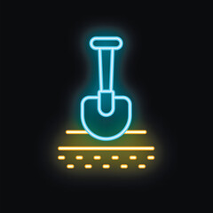 Poster - Blue and yellow neon icon of a shovel digging soil, representing concepts like gardening and agriculture