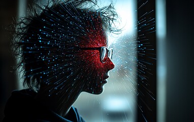 Aufkleber - Youth, digital data streams, window light, pensive expression; tech concept