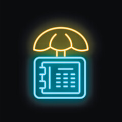 Poster - Glowing neon icon of a notepad under an umbrella, symbolizing data protection and security