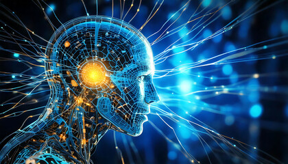 Poster - Stunning digital art depicting a futuristic robotic head, glowing with internal circuitry and emitting luminous energy streams. Ideal for AI, technology, and innovation concepts.