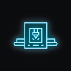 Poster - Blue neon icon of a 3d printer creating a cube on a black background
