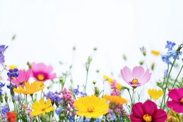 Poster - Vibrant wildflower garden showcasing a variety of blooming flowers in brilliant colors during a sunny day. Generative AI