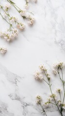 Aufkleber - Floral arrangement of small white flowers on marble surface with soft light creating a serene atmosphere. Generative AI