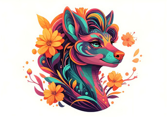  Vibrant Fantasy Fox with Floral Elements, Artistic Colorful Illustration